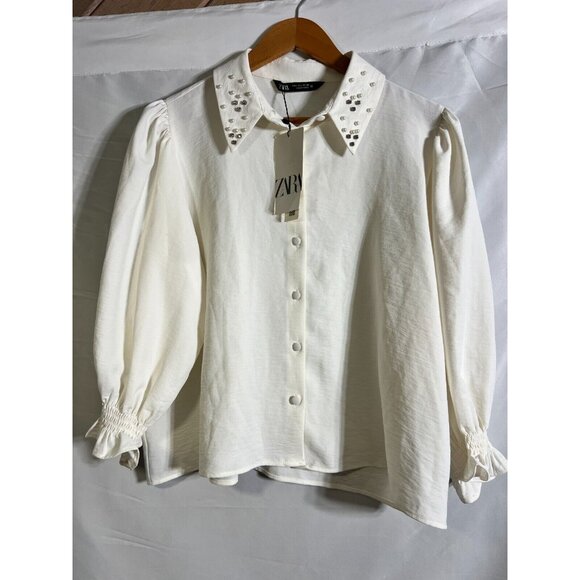Zara Ivory Blouse with Pearl Rhinestone Collar Size Large  E8 - Picture 1 of 7